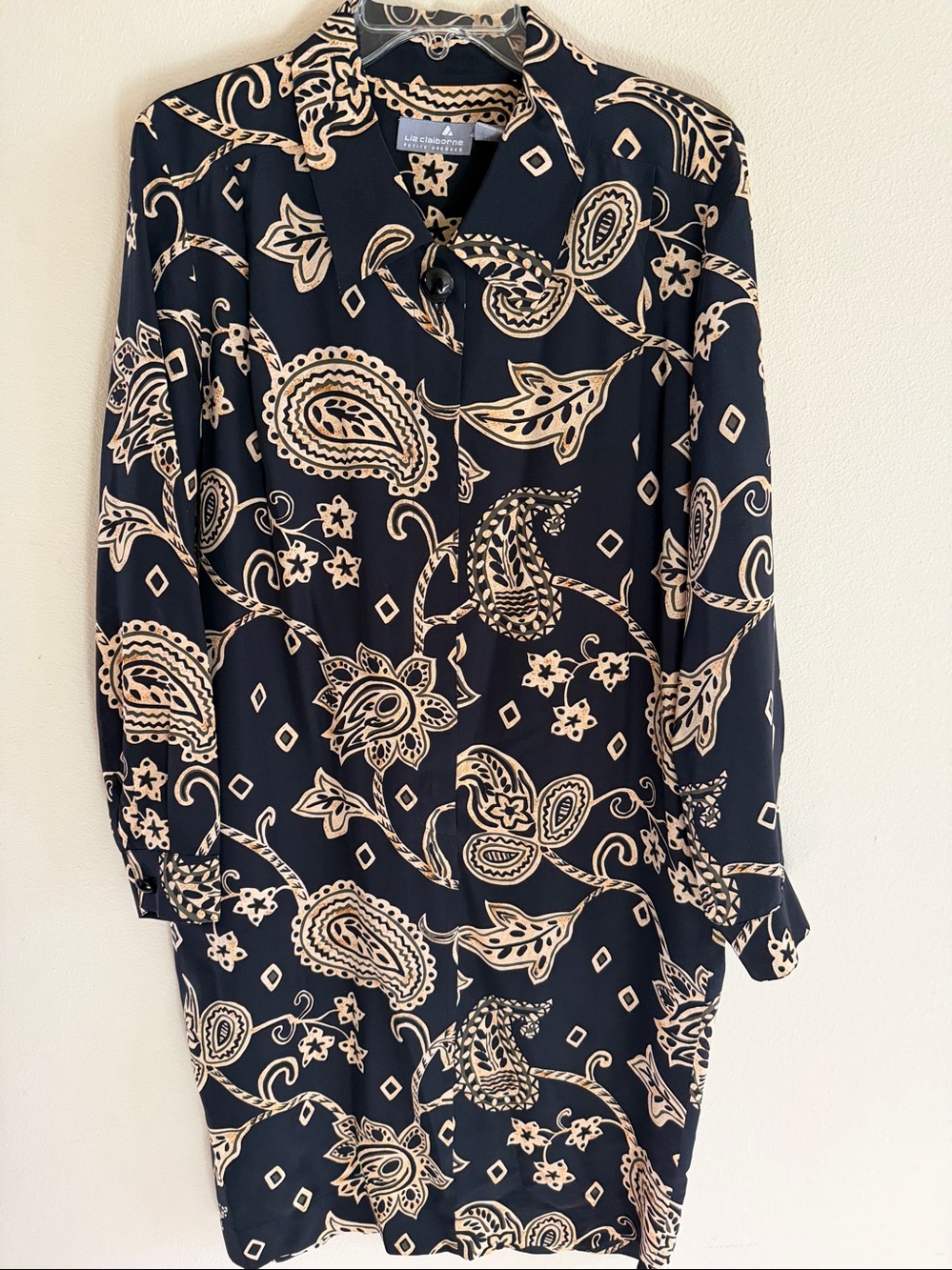 Vintage Liz Claiborne Silk Paisley Dress Black Ivory Belted Shirt Style Dress - Picture 6 of 10